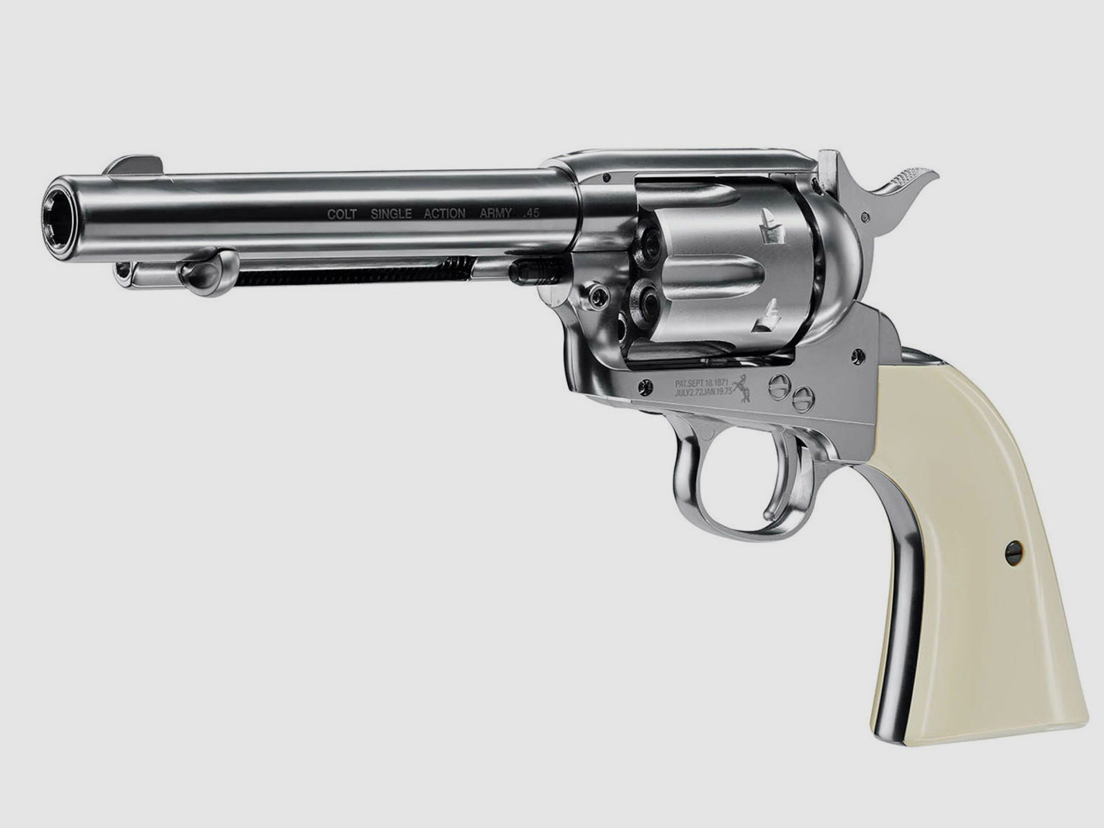 CO2 Revolver Colt Single Action Army SAA .45 5.5 Zoll Nickel Finish weiĂźe Griffschalen Kaliber 4,5 mm Diabolo (P18)