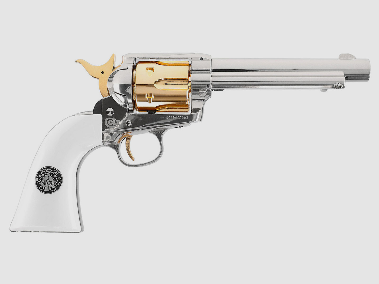 CO2 Revolver Colt Single Action Army SAA .45 Smoke Wagon 5.5 Zoll Nickel Finish weiĂźe Griffschalen Kaliber 4,5 mm BB (P18)