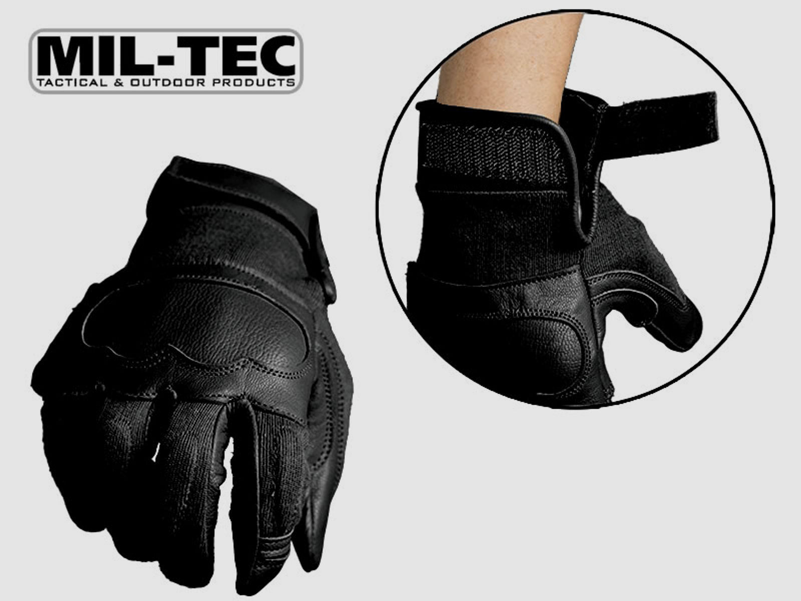 MIL-TEC taktische Lederhandschuhe BLACK, schnitthemmend, KnĂ¶chelschutz, Polsterung, Gr. L