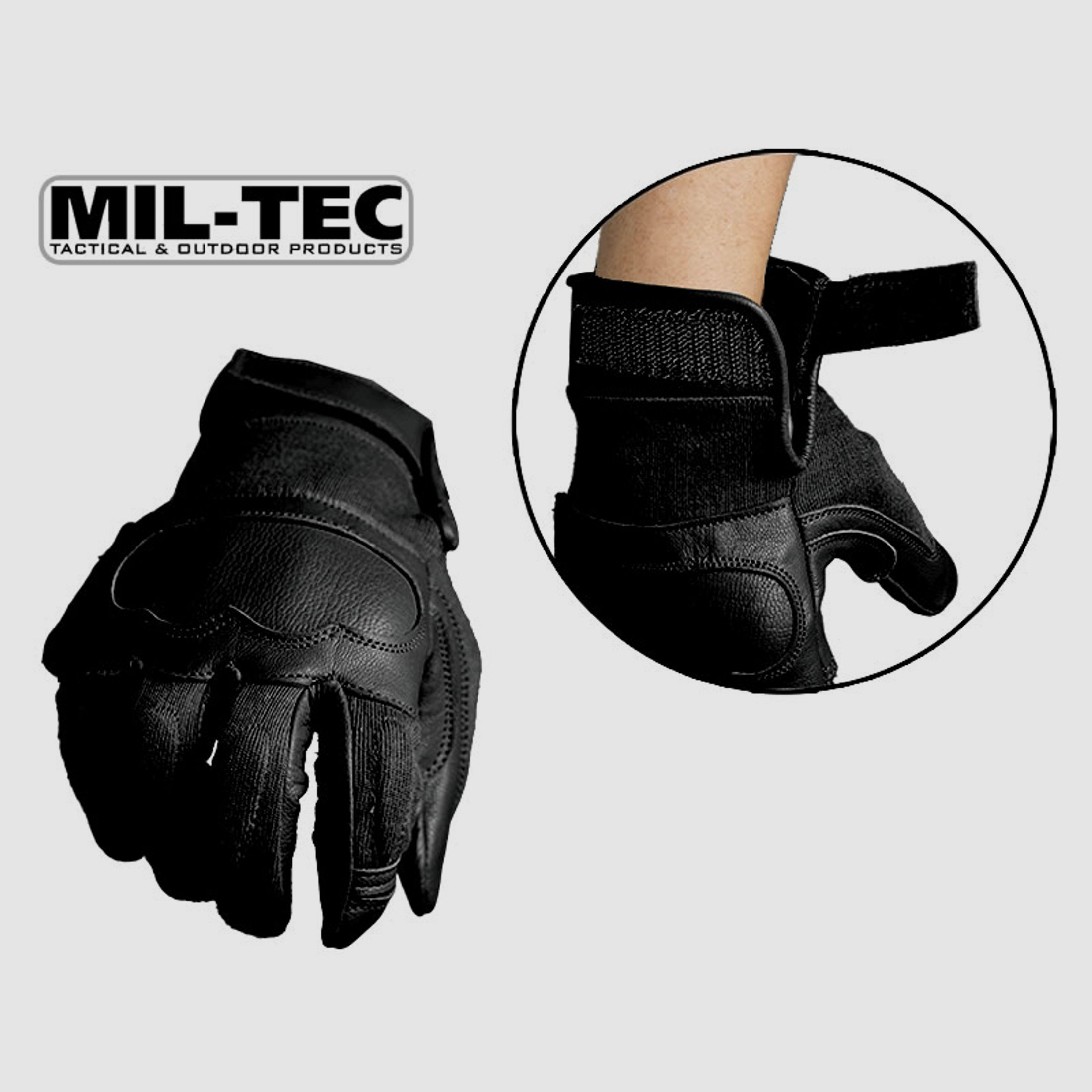 MIL-TEC taktische Lederhandschuhe BLACK, schnitthemmend, KnĂ¶chelschutz, Polsterung, Gr. XL
