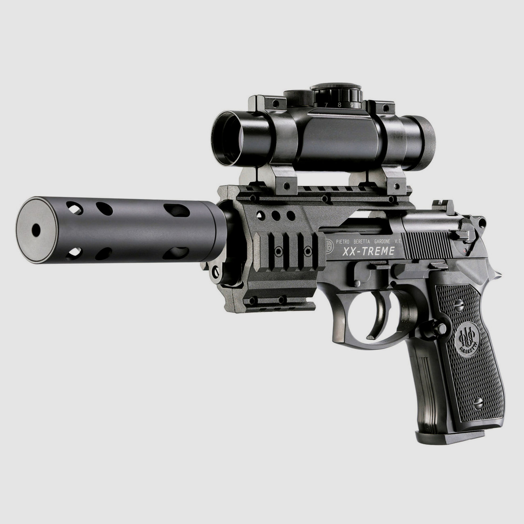 CO2 Pistole Beretta M92 FS XX-Treme schwarz Red Dot Top Point I Kaliber 4,5 mm Diabolo (P18)+ SchalldĂ¤mpfer Adapter