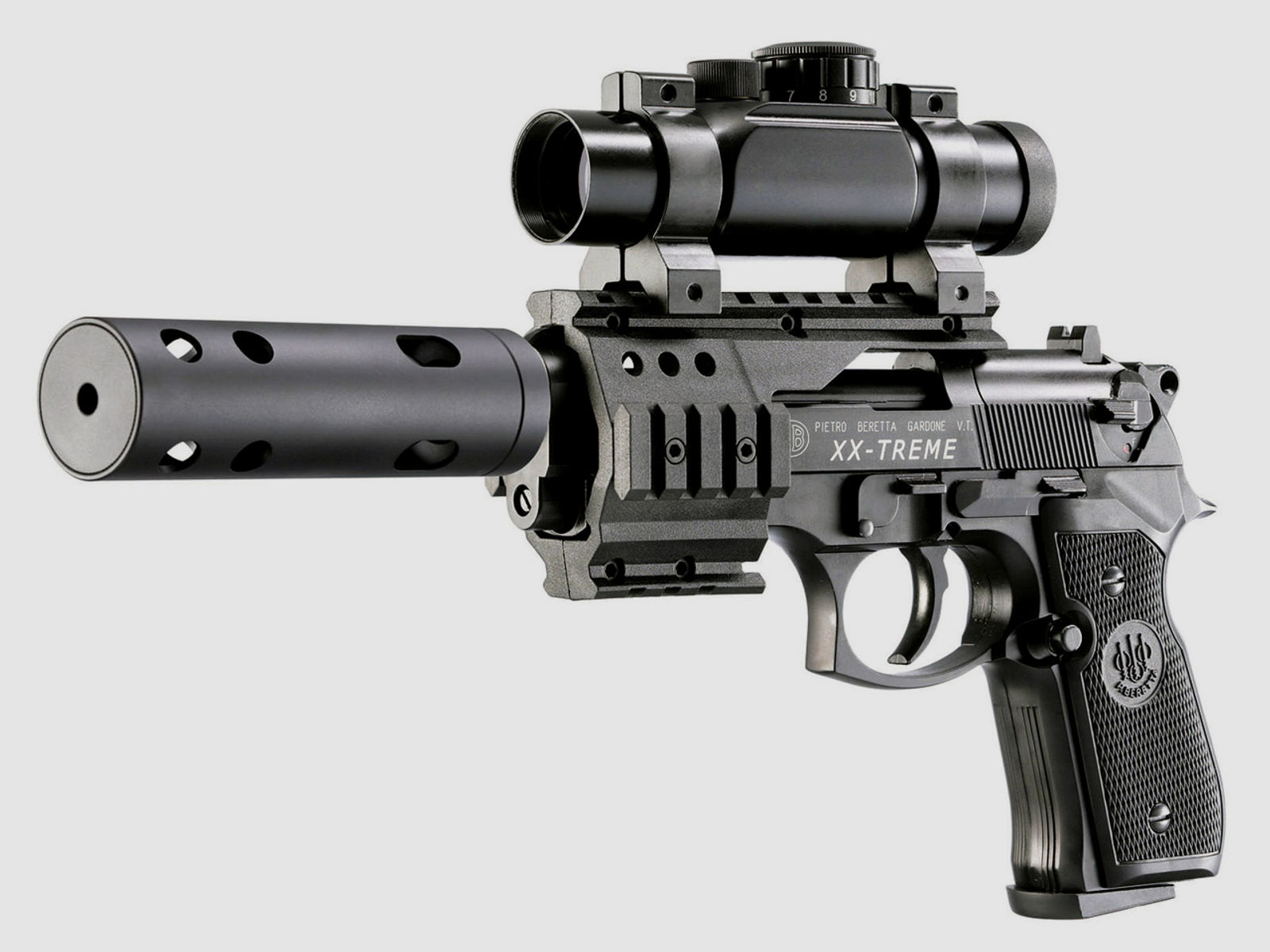 CO2 Pistole Beretta M92 FS XX-Treme schwarz Red Dot Top Point I Kaliber 4,5 mm Diabolo (P18)+ SchalldĂ¤mpfer Adapter