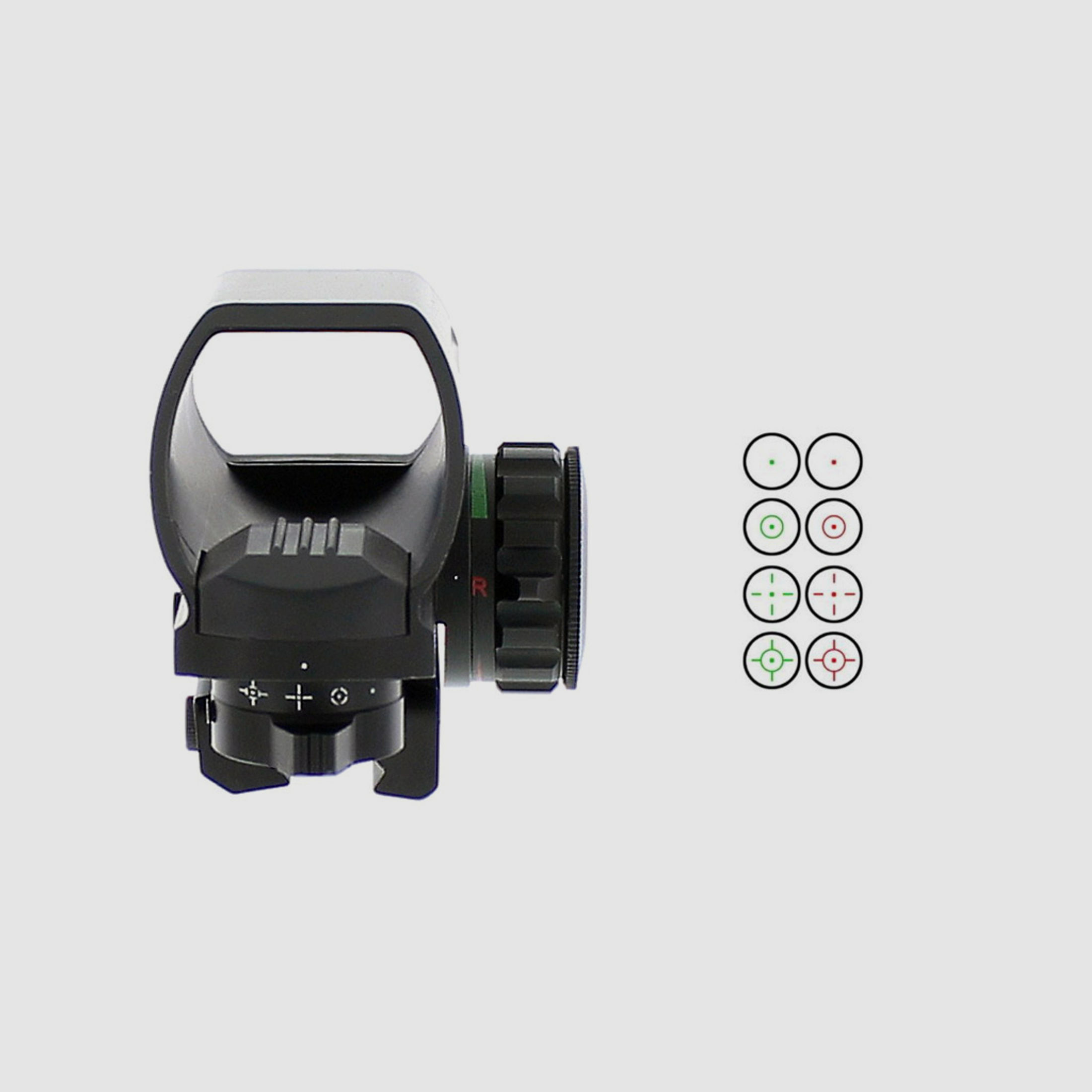 Leuchtpunktvisier Ares Arms Red Green Dot, 4 wĂ¤hlbare Absehen, stufenlose Helligkeitsregulierung, fĂĽr 11 mm Prismenschiene