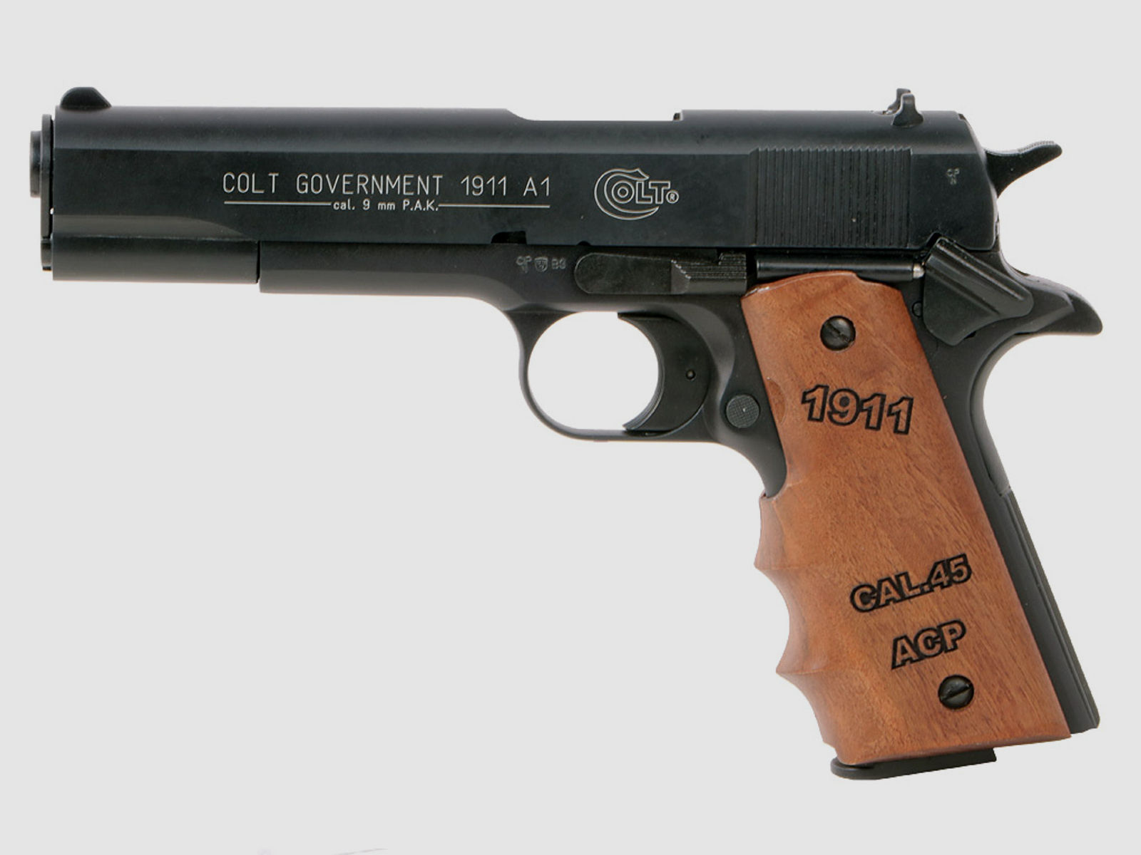 Combat Holzgriffschalen fĂĽr Schreckschuss-, Gas-, Signalpistole Colt 1911 mit Schriftzug 1911 CAL.45 ACP