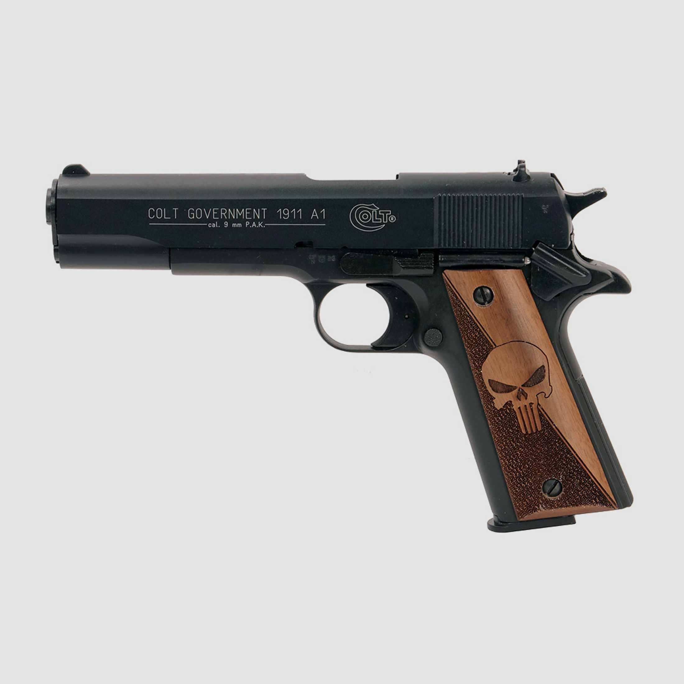 Holzgriffschalen fĂĽr Schreckschuss-, Gas-, Signalpistole Colt 1911 Punisher punziert