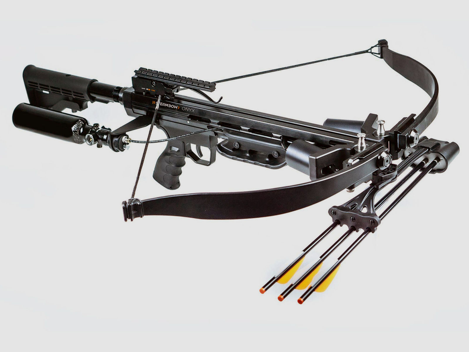 Recurve Armbrust Steambow Onyx, selbstspannend durch Pressluft, klappbar, AR-15 Look, inkl. Pressluftflasche und ZubehĂ¶r, 225 lbs (P18)