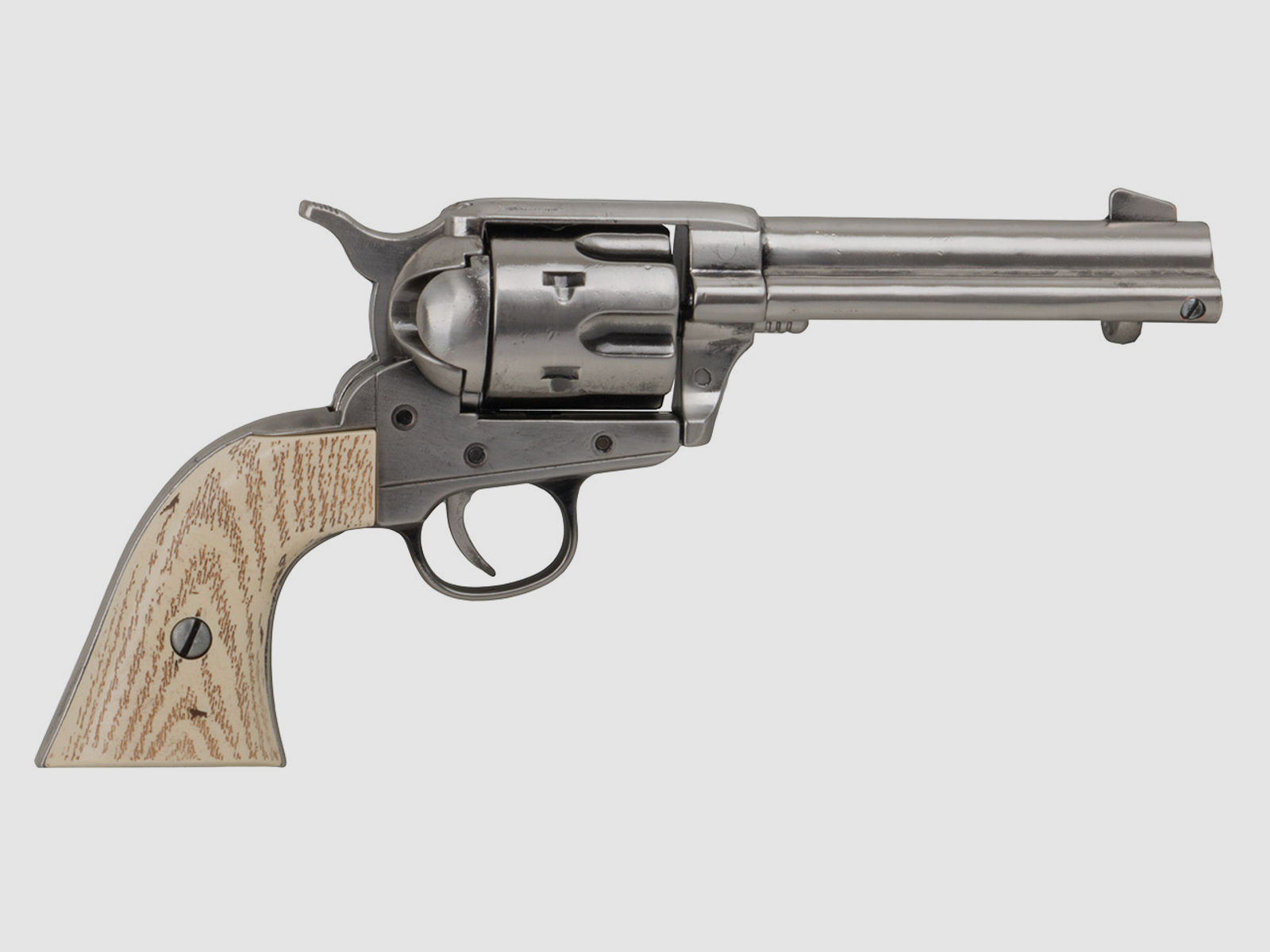 Deko Revolver Kolser Colt SAA .45 Peacemaker USA 1873 4,75 Zoll nickel weiĂźe Griffschalen