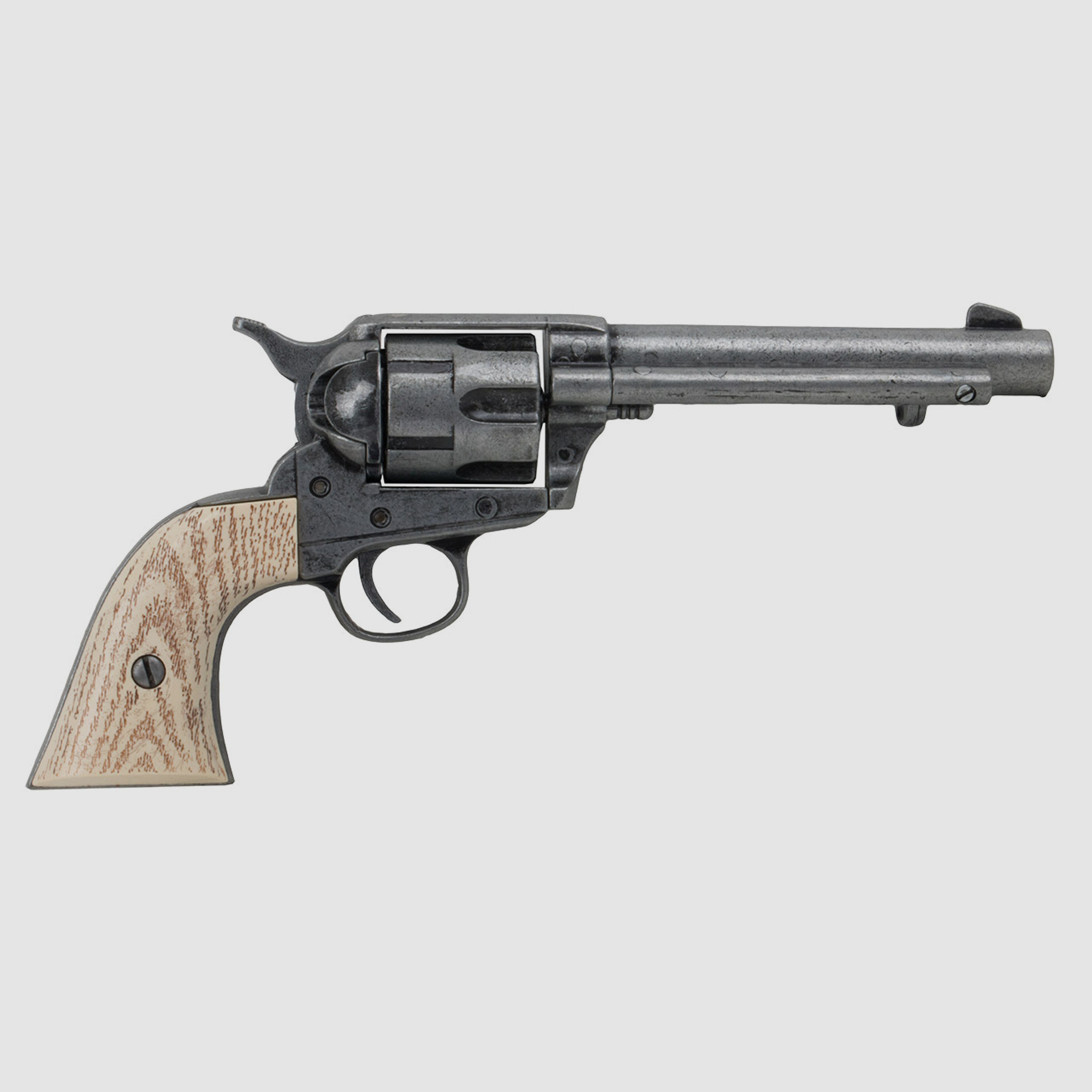 Deko Revolver Kolser Colt SAA .45 Peacemaker USA 1873 5,5 Zoll antik grau weiĂźe Griffschalen