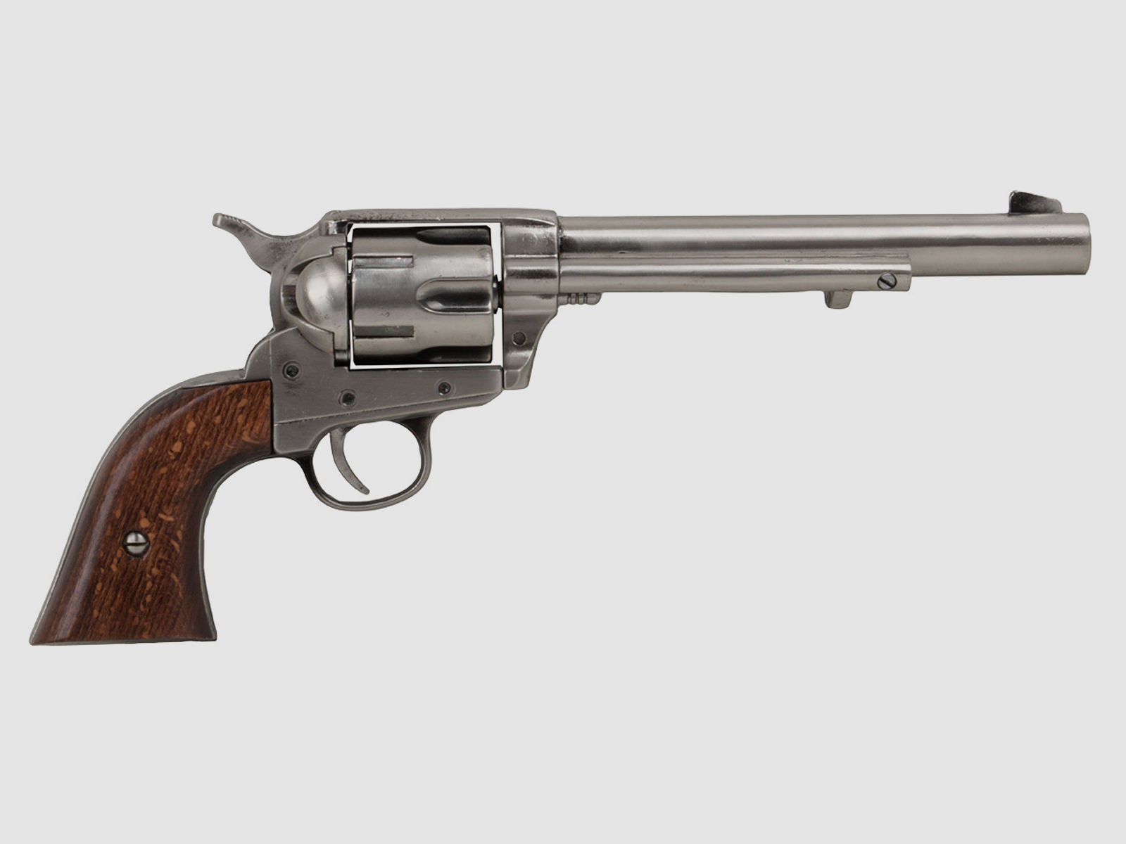 Deko Revolver US Kavallerierevolver Kolser Colt SAA .45 Peacemaker USA 1873 7,5 Zoll nickel poliert Holzgriffschalen