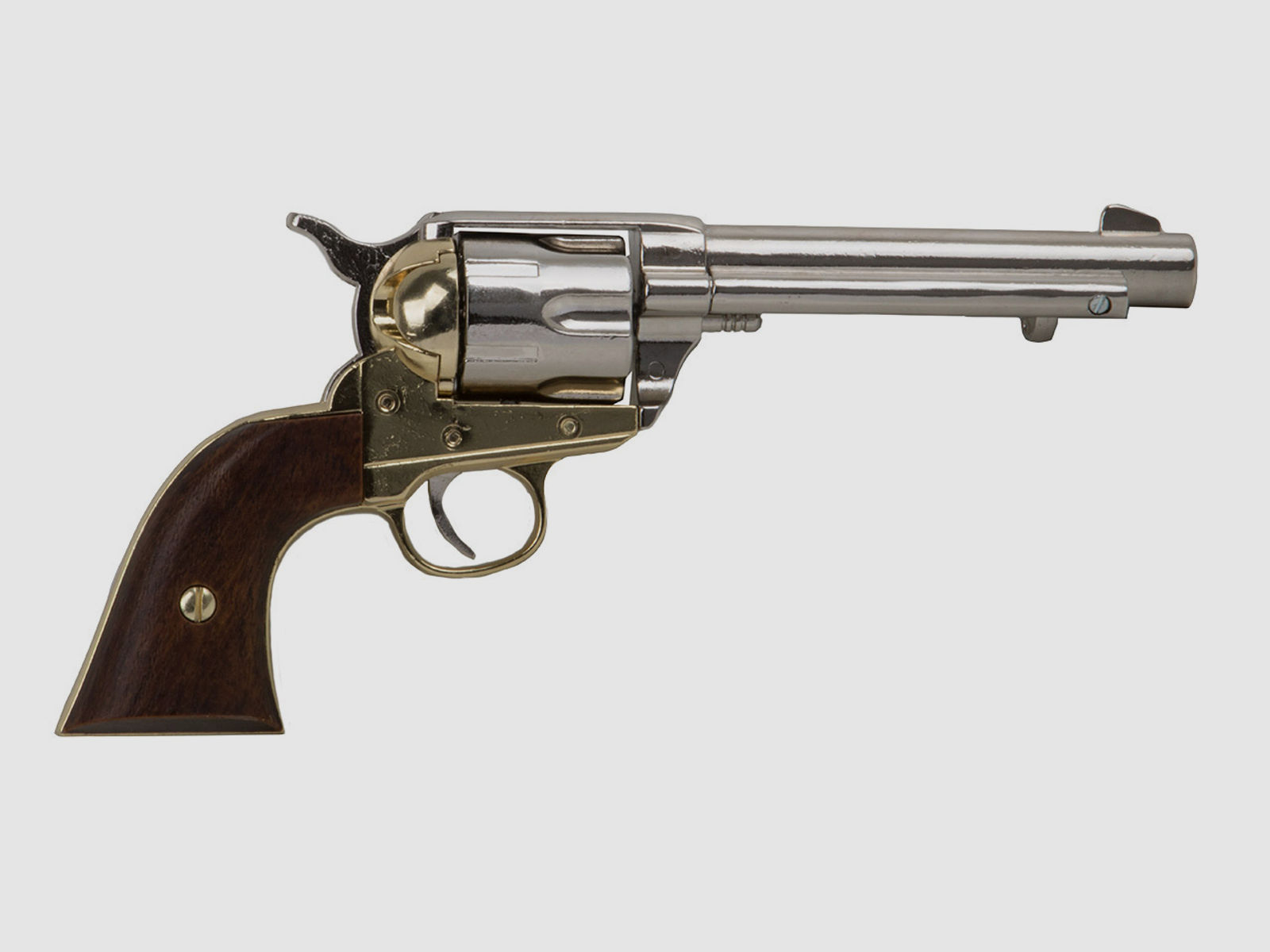 Deko Revolver Kolser Colt SAA .45 Peacemaker USA 1873 5,5 Zoll nickel gold Griffschalen in Holzoptik