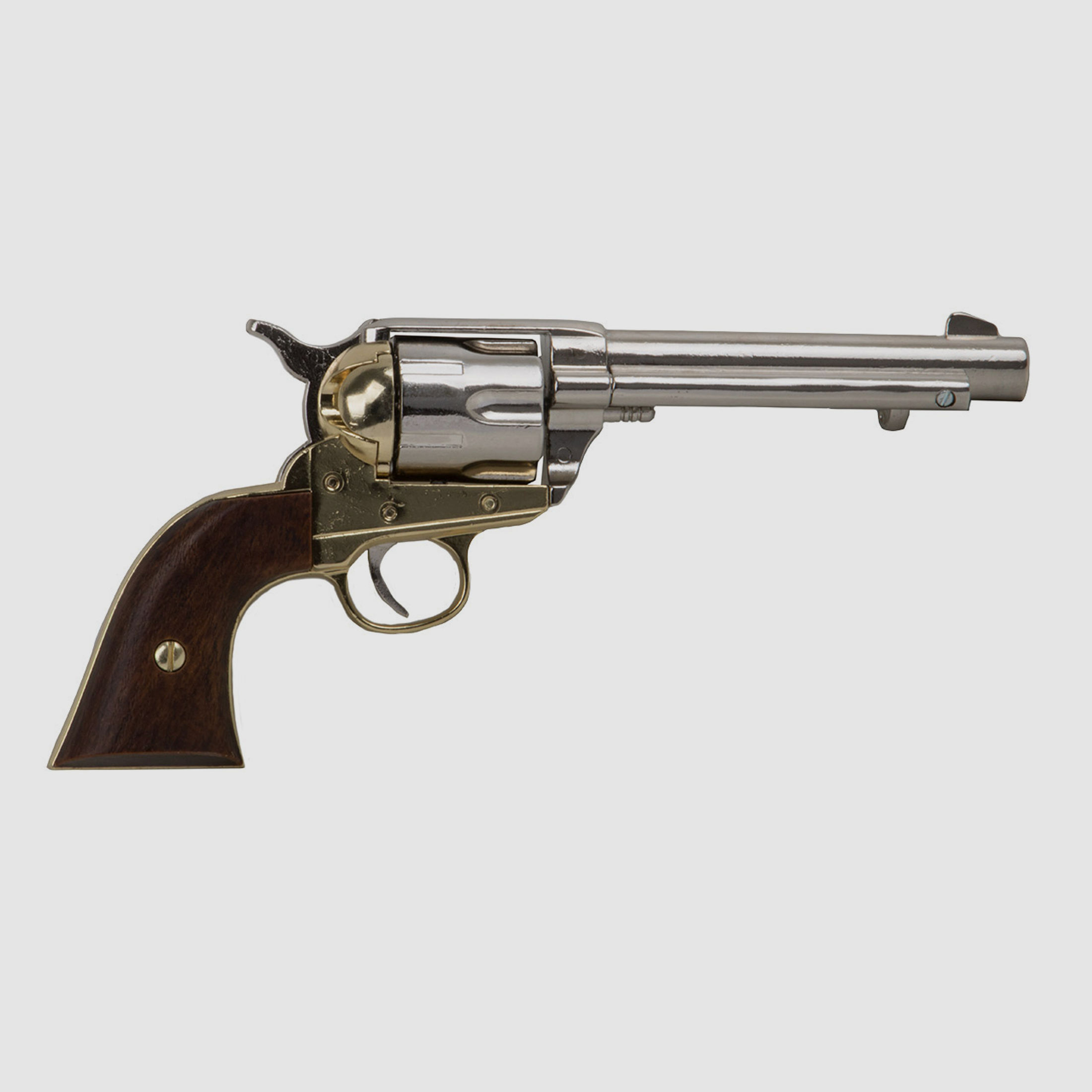 Set 5 Western Revolvergurt rechts 100 cm 2 Holster hellbraun und 2 Deko Revolver Kolser Colt SAA .45 Peacemaker 5,5 Zoll nickel gold