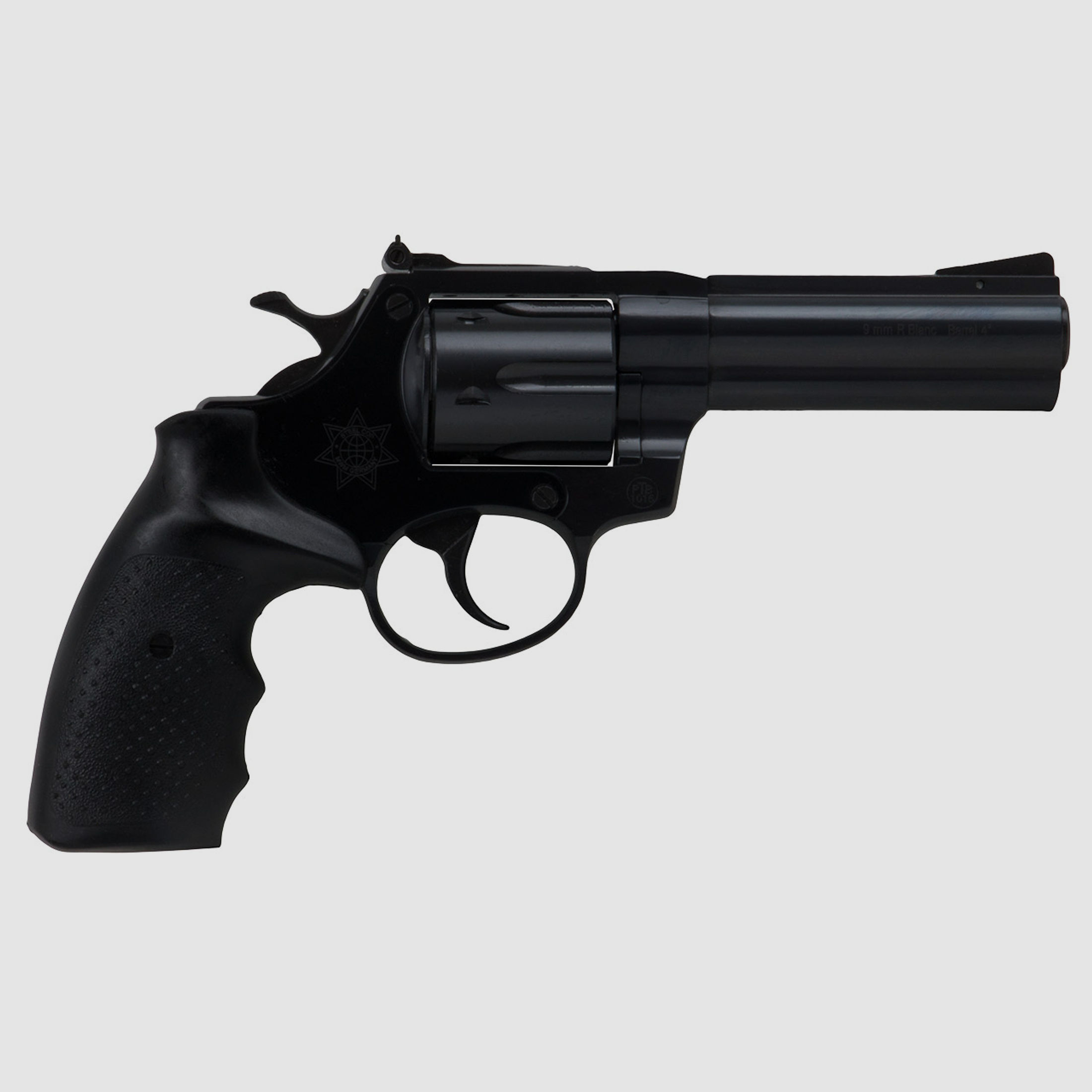 Schreckschuss Revolver Steel Cop Tac 4 Zoll Vollstahl schwarz mit Laufgewinde Kaliber 9 mm R.K. (P18)