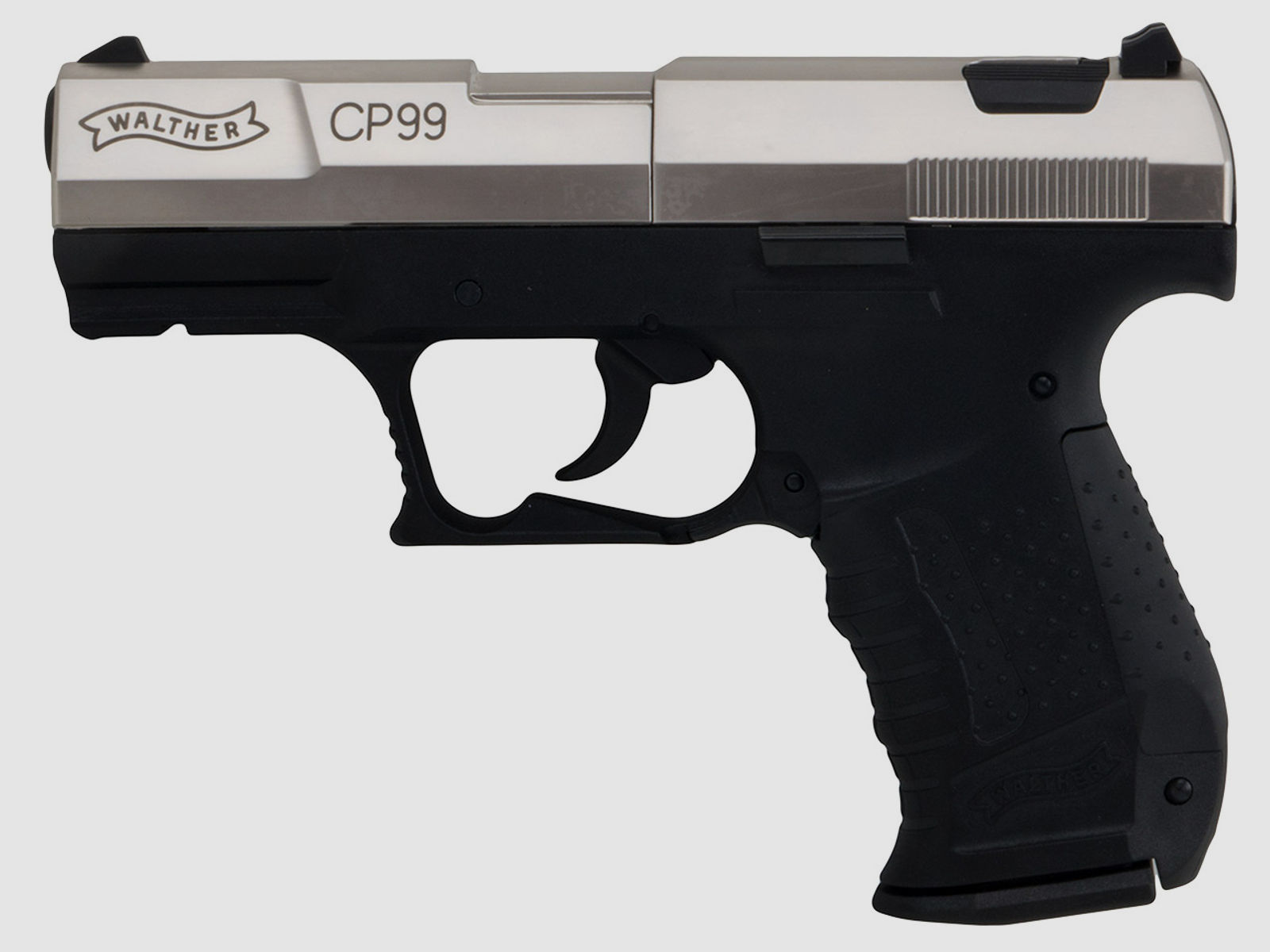 CO2 Pistole Walther CP99 Lauf 3 Zoll nickel Kaliber 4,5 mm Diabolos (P18)  schwarzer SWS SchalldĂ¤mpfer Adapter