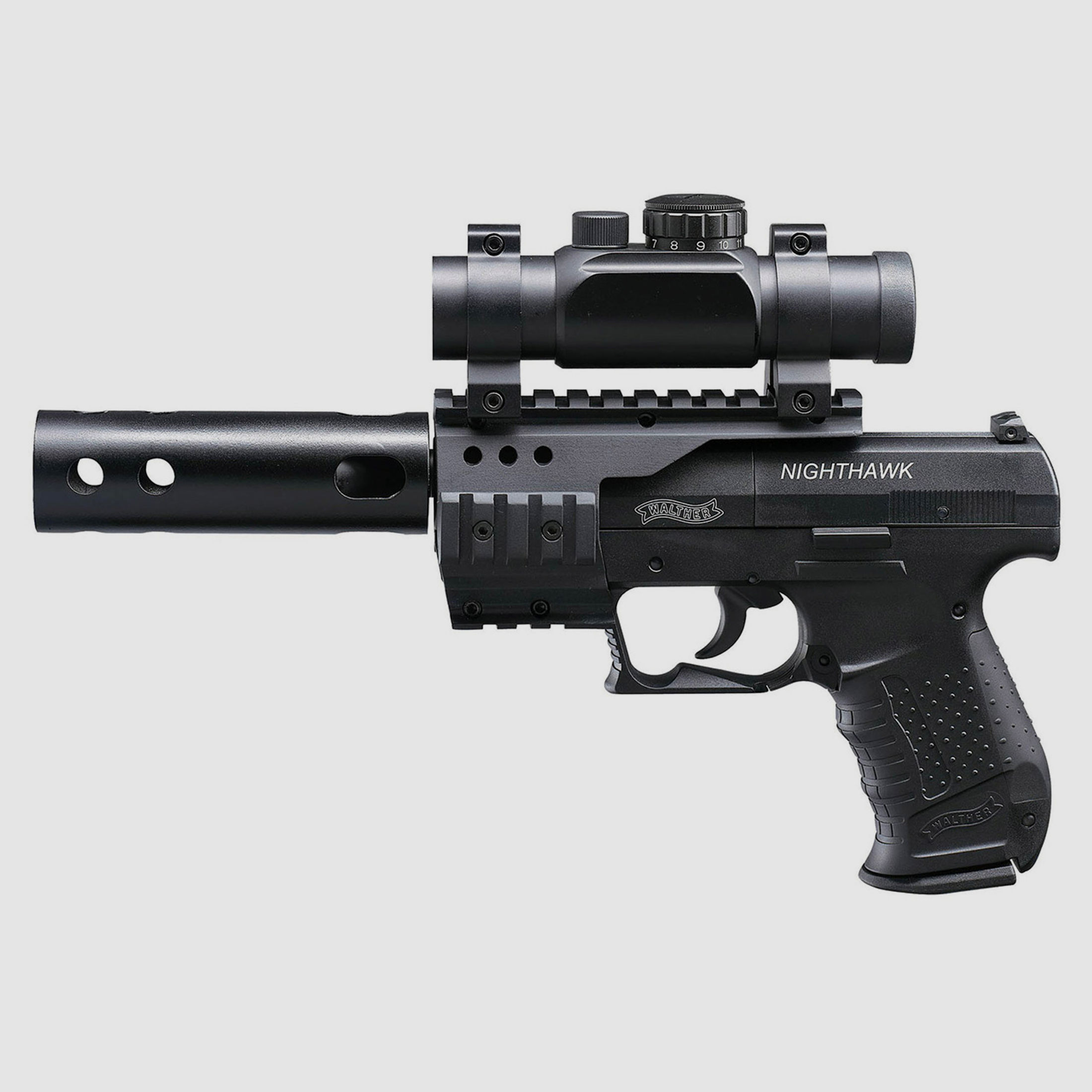 CO2 Pistole Walther Night Hawk schwarz Kaliber 4,5 mm Diabolo (P18)+ schwarzer SWS SchalldĂ¤mpfer Adapter