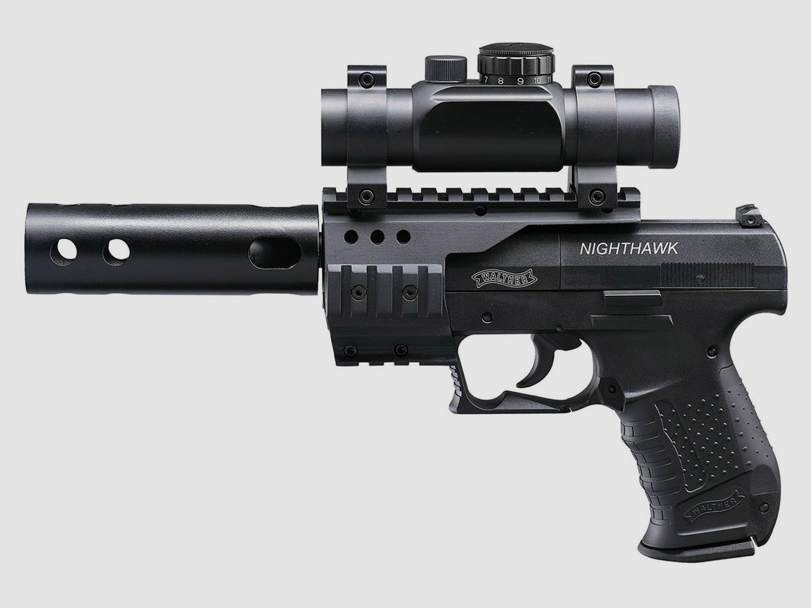 CO2 Pistole Walther Night Hawk schwarz Kaliber 4,5 mm Diabolo (P18)+ Diabolos CO2 Kapsel Zielscheiben Speedloader