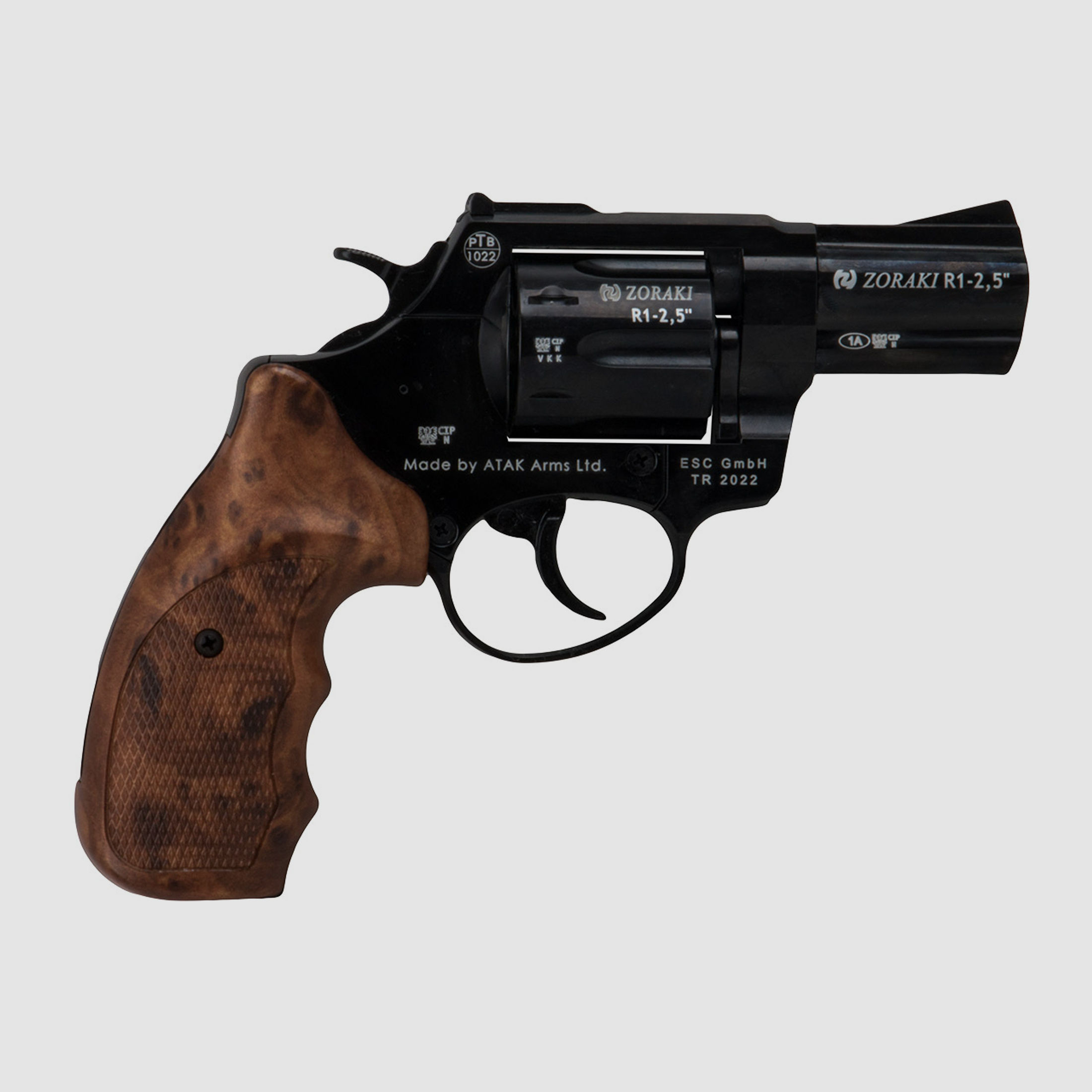 Schreckschuss Revolver Zoraki R1 Shiny Black 2,5 Zoll Holzoptik Griffschalen PTB 1022 Kaliber 9 mm R.K. (P18) + 50 Schuss