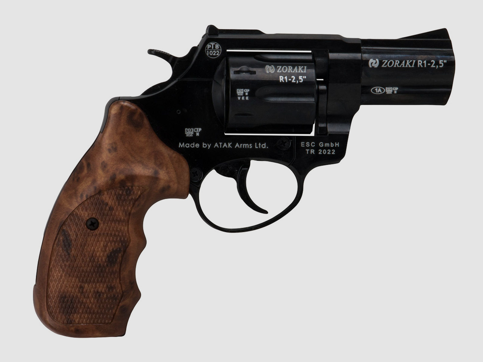 Schreckschuss Revolver Zoraki R1 Shiny Black 2,5 Zoll Holzoptik Griffschalen PTB 1022 Kaliber 9 mm R.K. (P18) + 50 Schuss