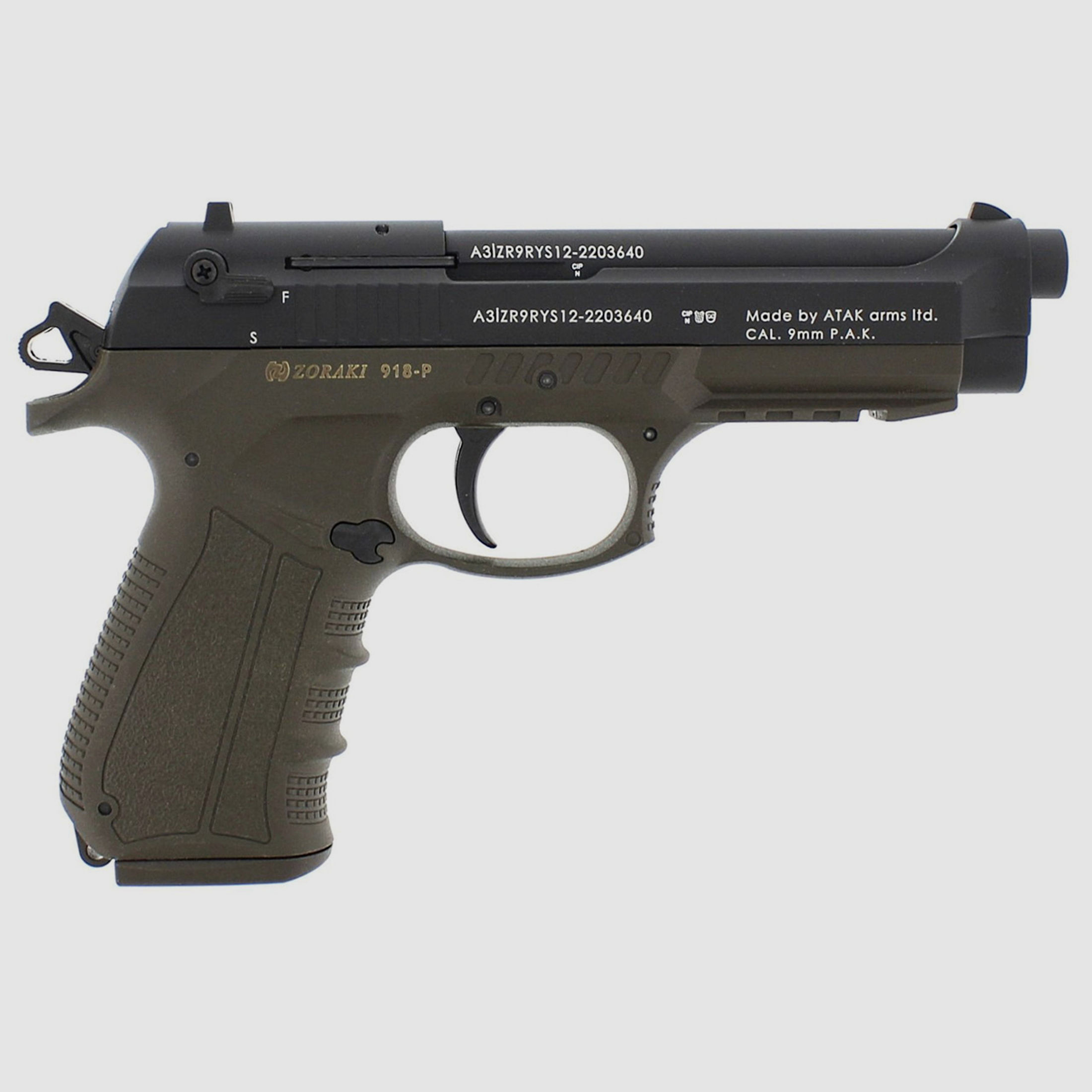 Schreckschuss Pistole Zoraki 918-P ODG Olive Drab Green Edition PTB 1072 Kaliber 9 mm P.A.K. (P18) + 50 Schuss