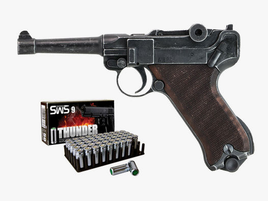 Schreckschuss Pistole Melcher ME P 08 antik look Holzgriff Kaliber 9 mm P.A.K. (P18)+ 50 Schuss