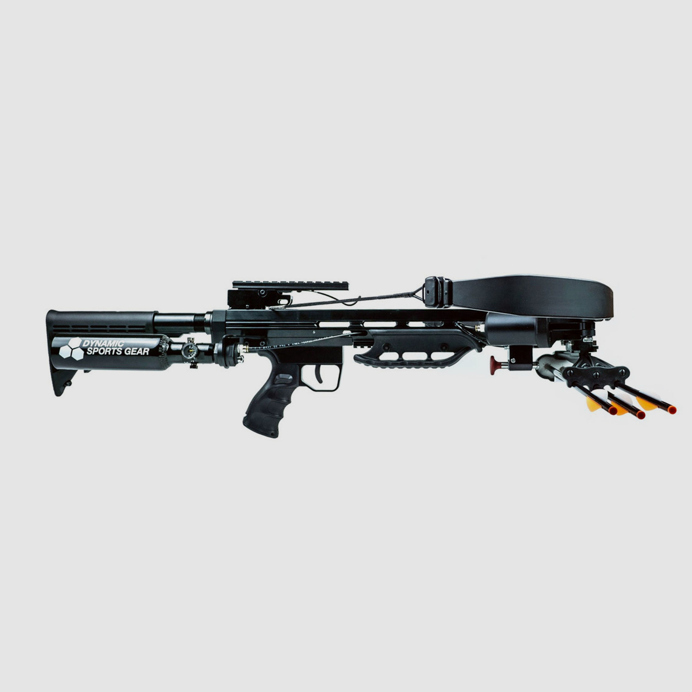 Recurve Armbrust Steambow Onyx, selbstspannend durch Pressluft, klappbar, AR-15 Look, inkl. Pressluftflasche und ZubehĂ¶r, 225 lbs (P18)