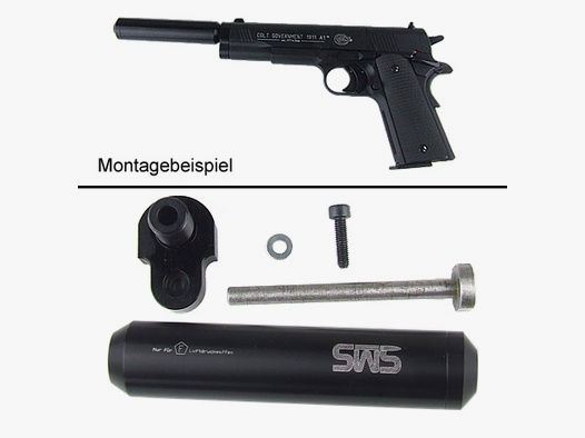 Adapter und schwarzer SchalldĂ¤mpfer fĂĽr CO2 Pistole Colt 1911 A1 (P18)
