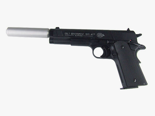 CO2 Pistole Colt 1911 A1 schwarz Kaliber 4,5 mm Diabolo (P18)+ SchalldĂ¤mpfer silber Adapter