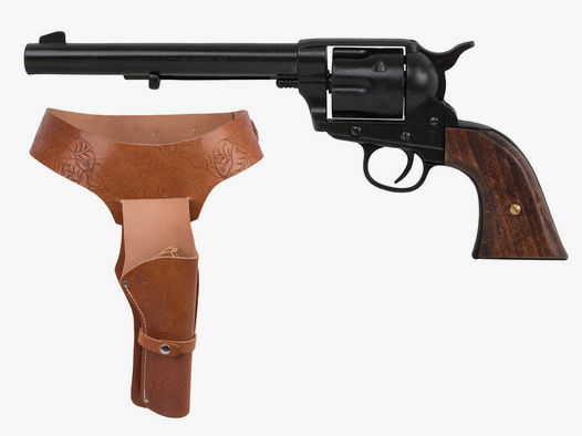 Set 1 Western Revolvergurt rechts 110 cm 1 Holster hellbraun und Deko Revolver Kolser Colt SAA .45 Peacemaker 5,5 Zoll schwarz