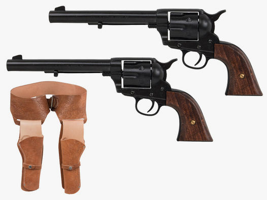 Set 2 Western Revolvergurt rechts 100 cm 2 Holster hellbraun und 2 Deko Revolver Kolser Colt SAA .45 Peacemaker 5,5 Zoll schwarz