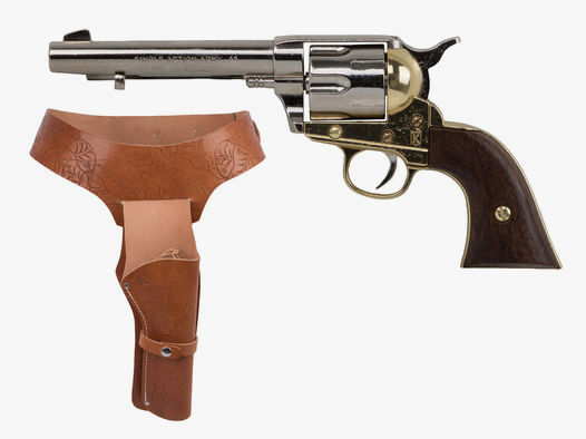 Set 4 Western Revolvergurt rechts 90 cm 1 Holster hellbraun und Deko Revolver Kolser Colt SAA .45 Peacemaker 5,5 Zoll nickel gold