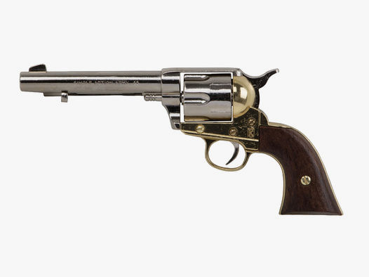 B-Ware Deko Revolver Kolser Colt SAA .45 Peacemaker USA 1873 5,5 Zoll nickel gold Griffschalen in Holzoptik