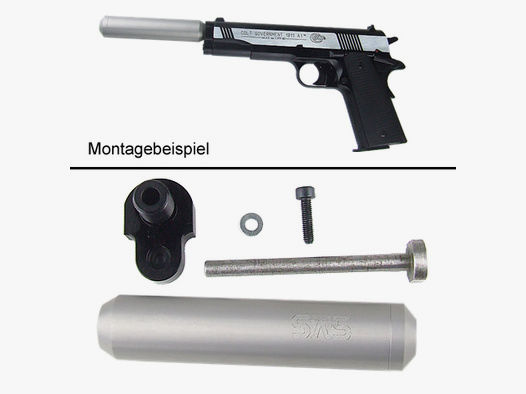 Adapter und silberner SchalldĂ¤mpfer fĂĽr CO2 Pistole Colt 1911 A1 (P18)