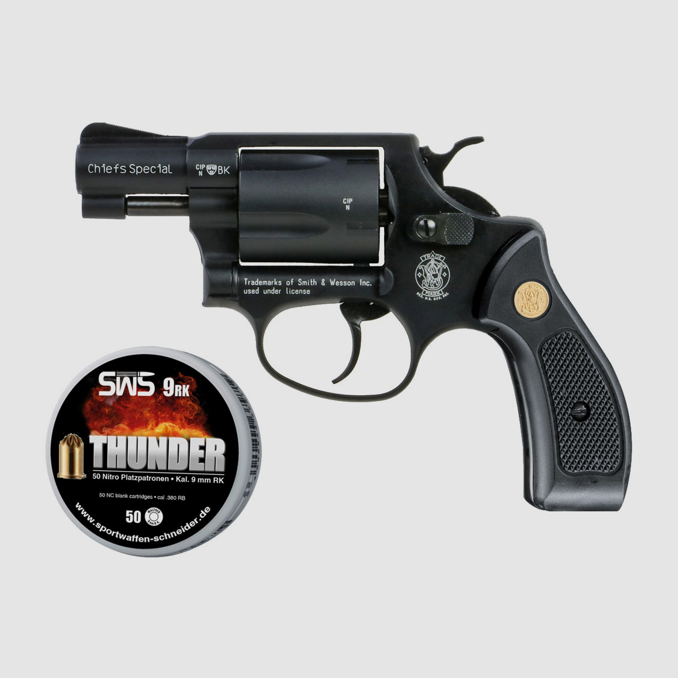 Schreckschuss Revolver Smith & Wesson Chiefs Special, schwarz, Kunststoffgriffschalen, Kaliber 9 mm R.K. (P18) + 50 Schuss