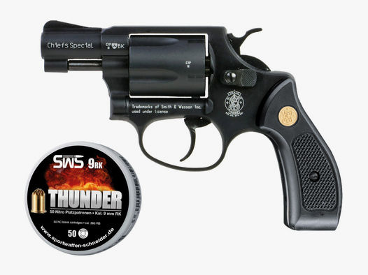 Schreckschuss Revolver Smith & Wesson Chiefs Special, schwarz, Kunststoffgriffschalen, Kaliber 9 mm R.K. (P18) + 50 Schuss