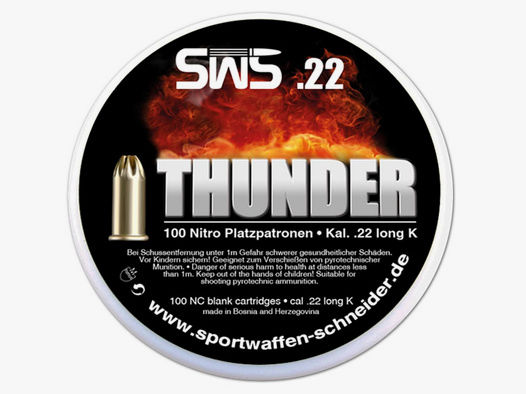 Platzpatronen SWS Thunder Kaliber .22 lang Nitro fĂĽr Pistolen und Revolver 100 StĂĽck (P18)
