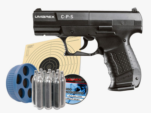 CO2 Pistole Umarex CPS schwarz Kaliber 4,5 mm (P18) + Diabolos Zielscheiben Speedloader CO2 Kapsel