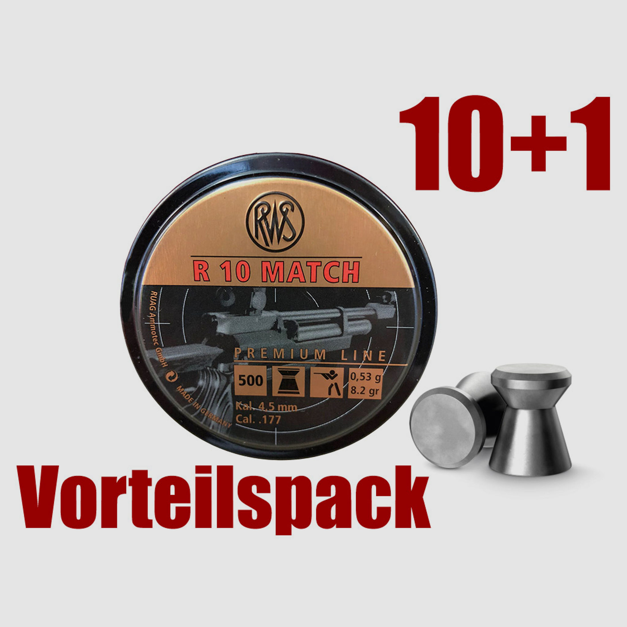 Vorteilspack 10+1 Flachkopf Diabolos RWS R10 Match Kaliber 4,49 mm 0,53 g glatt 11 x 500 StĂĽck