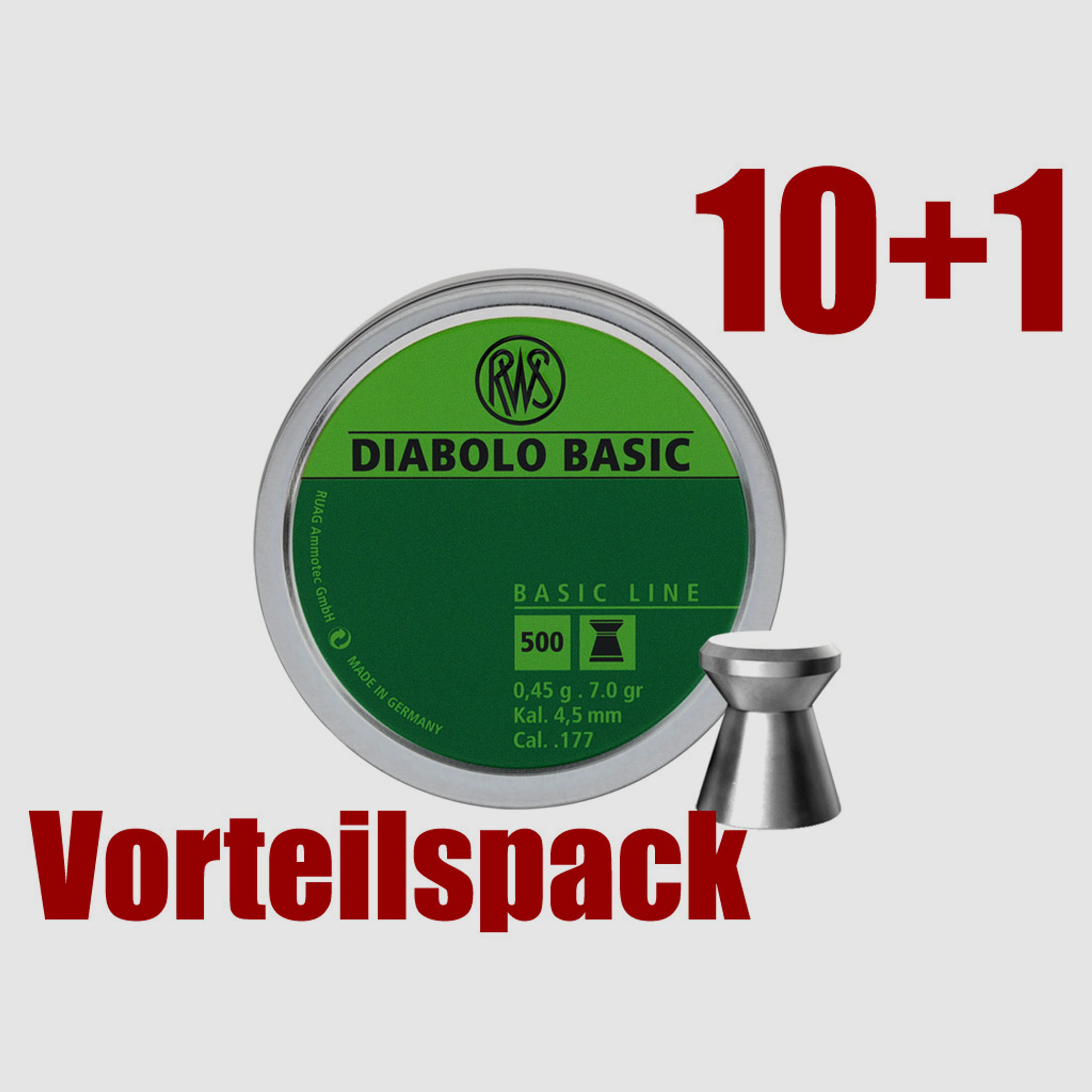 Vorteilspack 10+1 Flachkopf Diabolos RWS Basic Kaliber 4,5 mm 0,45 g glatt 11 x 500 StĂĽck