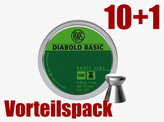 Vorteilspack 10+1 Flachkopf Diabolos RWS Basic Kaliber 4,5 mm 0,45 g glatt 11 x 500 StĂĽck