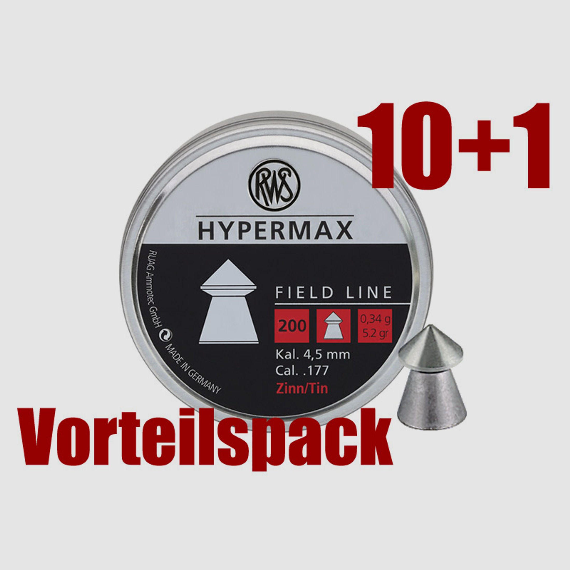 Vorteilspack 10+1 Spitzkopf Diabolos RWS Hypermax Kaliber 4,5 mm 0,34 g glatt bleifrei 11 x 200 StĂĽck