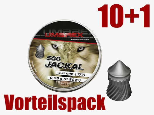 Vorteilspack 10+1 Spitzkopf Diabolos Umarex Jackal Kaliber 4,5 mm 0,53 g schrĂ¤g geriffelt 11 x 500 StĂĽck