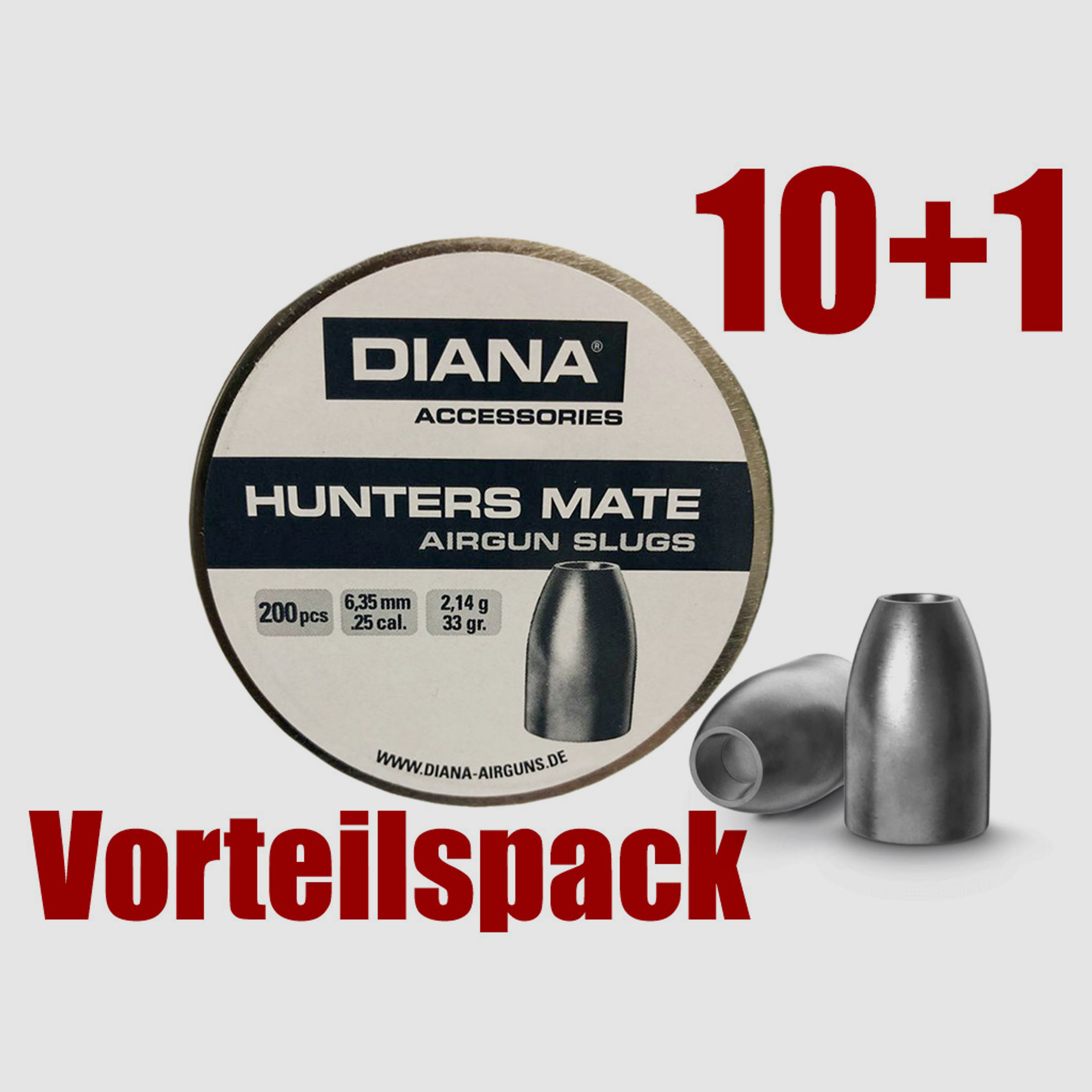 Vorteilspack 10+1 Hohlspitz Diabolos Diana Hunters Mate Airgun Slug Kaliber 6,35 mm 2,14 g glatt 11 x 200 StĂĽck