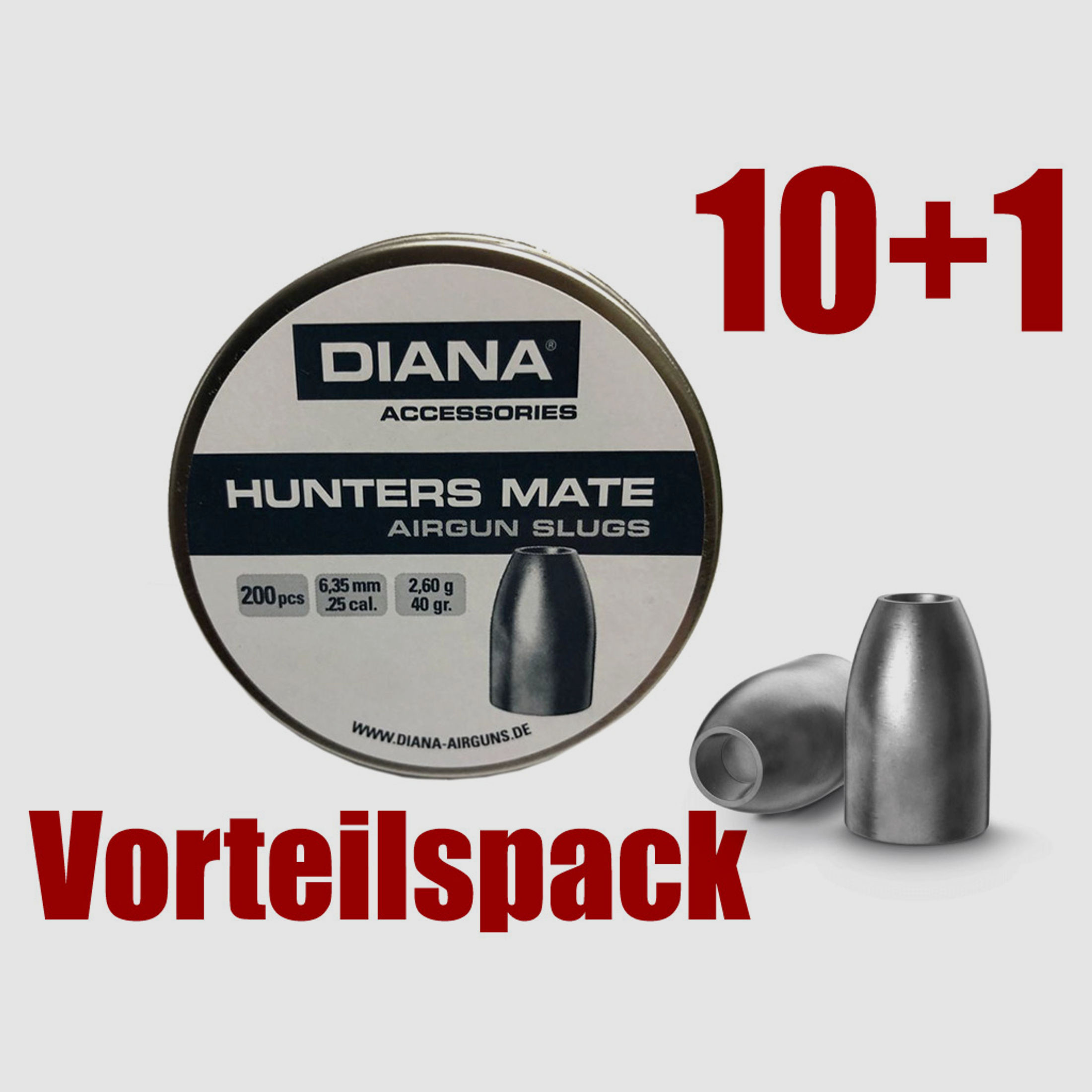 Vorteilspack 10+1 Hohlspitz Diabolos Diana Hunters Mate Airgun Slug Kaliber 6,35 mm 2,6 g glatt 11 x 200 StĂĽck
