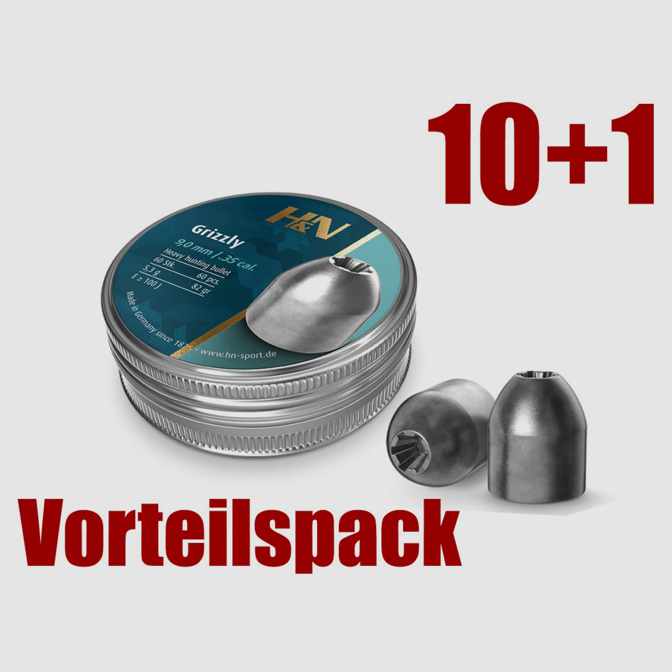 Vorteilspack 10+1 Hohlspitz Diabolos H&N Grizzly Jagdgeschoss Kaliber 9 mm 5,3 g glatt 11 x 60 StĂĽck