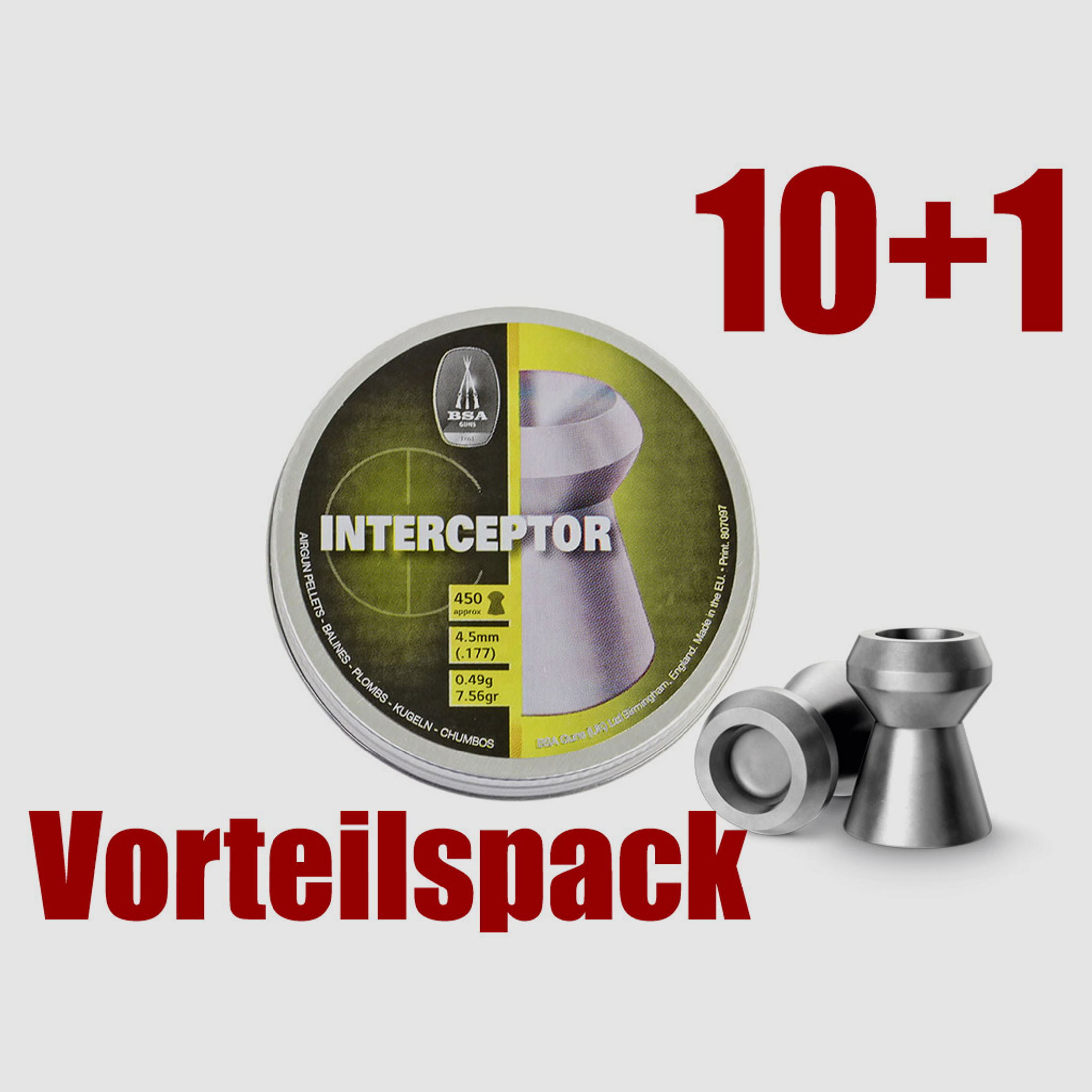 Vorteilspack 10+1 Hohlspitz Diabolos BSA Master Interceptor Kaliber 4,5 mm 0,49 g glatt 11 x 450 StĂĽck