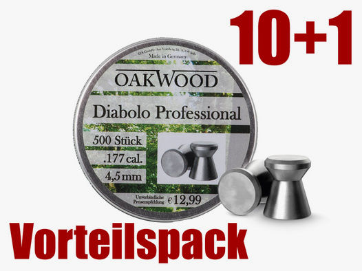Vorteilspack 10 +1 Flachkopf Diabolos Oakwood Professional Kaliber 4,5 mm 0,49 g glatt 11 x 500 StĂĽck