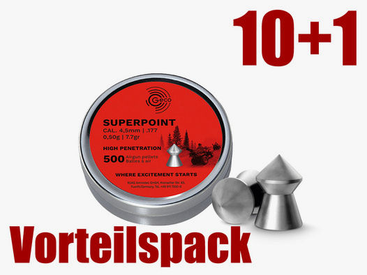 Vorteilspack 10+1 Spitzkopf Diabolos Geco Superpoint Kaliber 4,5 mm 0,50 g glatt 11 x 500 StĂĽck
