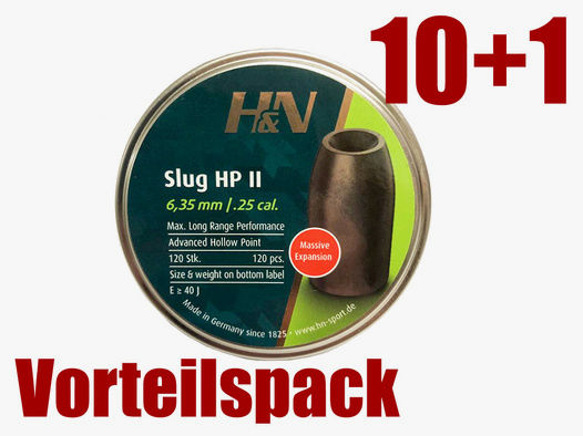Vorteilspack 10+1 Hohlspitz Diabolos H&N Slug HP II Kaliber 6,34 mm 2,33 g glatt 11 x 120 StĂĽck