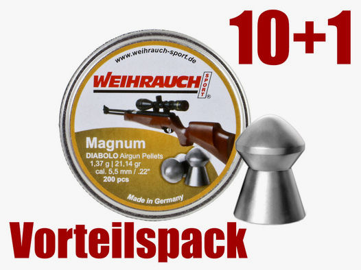 10+1 GRATIS x 200 StĂĽck Weihrauch Magnum Diabolo, Rundkopf, glatt, 1,37 g, Kaliber 5,5 mm