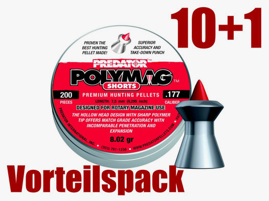 10+1 GRATIS x 200 StĂĽck JSB Predator Polymag Shorts, Hohlspitz mit Polymerspitze, 0,52 g, Kaliber 4,5 mm