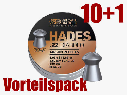 10+1 GRATIS x 500 StĂĽck JSB Hades Diabolo, Hohlspitz, Jagd, Kaliber 5,5 mm, 1,03 g